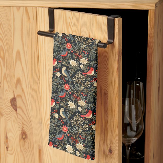 Elegant Festive Birds & Floral Christmas Red  Kitchen Towel (Thirds Fold)