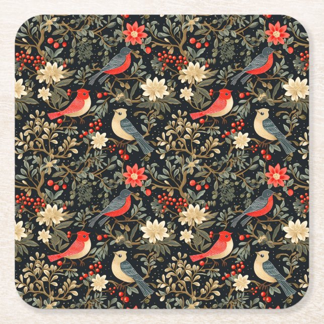 Elegant Festive Birds & Floral Christmas Red  Square Paper Coaster (Front)
