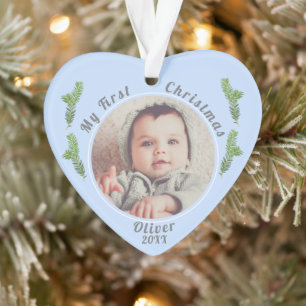 Elégant Festive Blue Baby`s First Christmas Photo