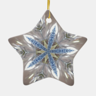 Elegant Festive Christmas Star Shiny Blue White Ceramic Ornament