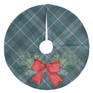 Elegant festive Christmas tartan plaid blue ribbon Fleece Tree Skirt