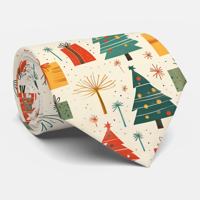 Elegant Festive Christmas Tree and Gifts Pattern  Tie (Rolled)