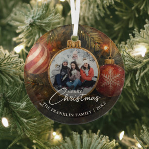Elegant Festive Christmas Tree Baubles Photo Glass Ornament