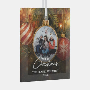 Elegant Festive Christmas Tree Baubles Photo Glass Ornament