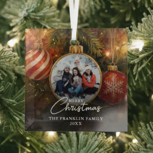 Elegant Festive Christmas Tree Baubles Photo Glass Ornament
