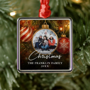 Elegant Festive Christmas Tree Baubles Photo Metal Ornament