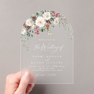Elegant Festive Floral Holiday Winter Wedding Acrylic Invitations