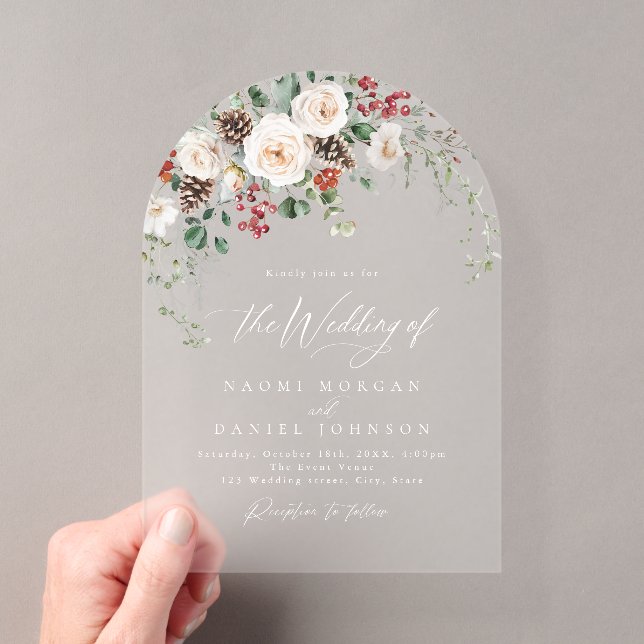 Elegant Festive Floral Holiday Winter Wedding Acrylic Invitations (Insitu (Handheld))
