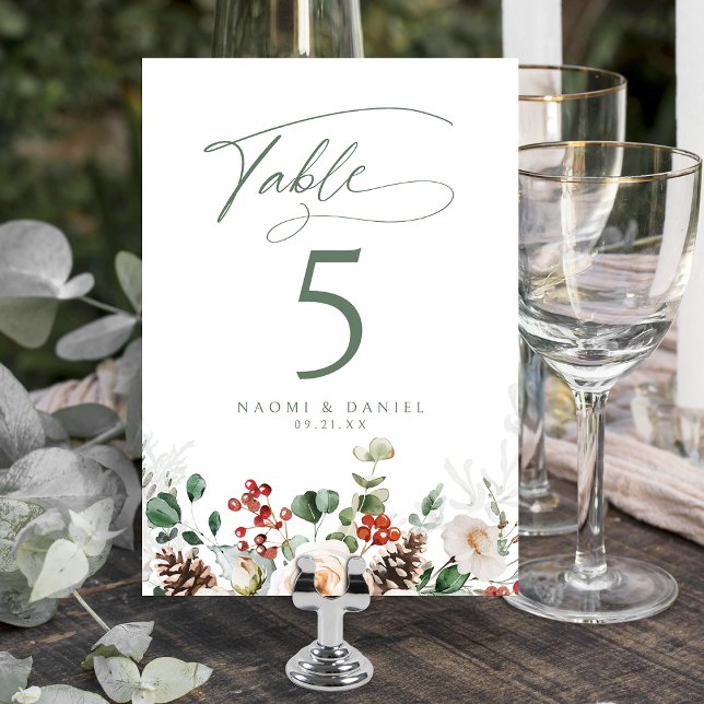 Elegant Festive Floral Holiday Winter Wedding Table Number (Elegant Festive Floral Holiday Winter Wedding Table Number)