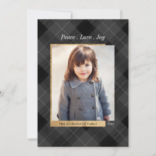 Elegant Festive Grey Plaid & Gold One Photo Holiday Card