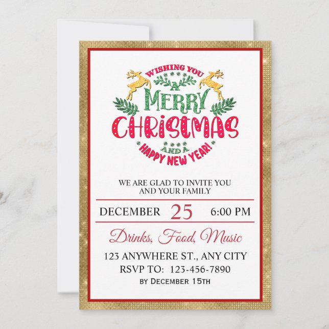 Elegant Festive Merry Christmas & Happy New Year Invitation (Front)