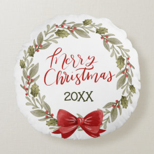 Elegant Festive Merry Christmas Wreath Red Bow Round Pillow