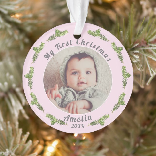 Elegant Festive Pink Baby`s First Christmas Photo Ornament (Tree)