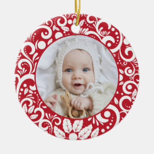 Elegant Festive Red and White Christmas Photo  Ceramic Ornament