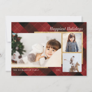 Elegant Festive Red Plaid & Gold Three Photos Holiday Card