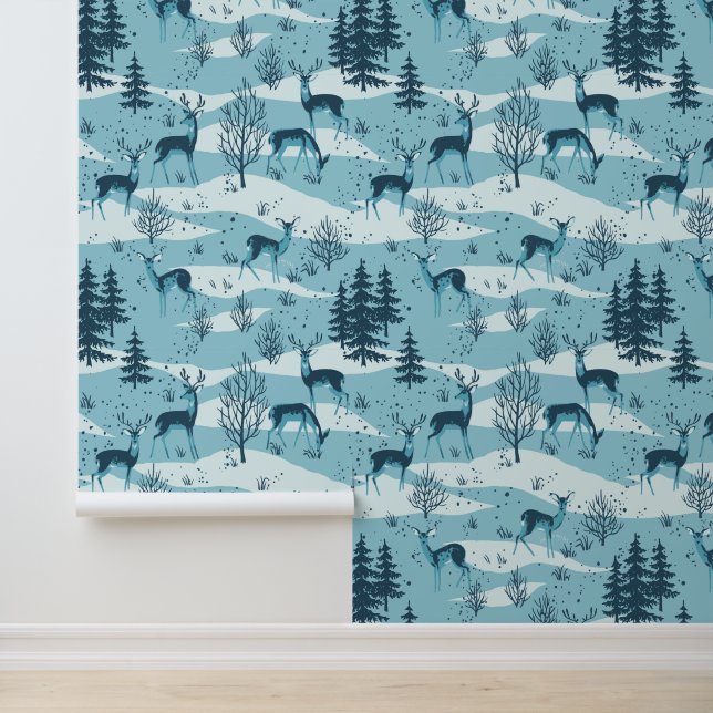 Elegant Festive Retro Blue Woodland Deer Wallpaper (Application)