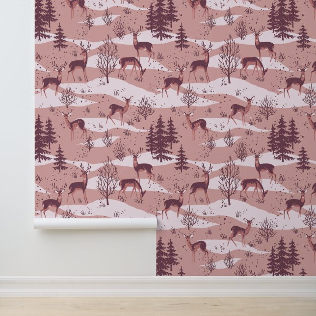 Elegant Festive Retro Pink Woodland Deer Wallpaper (Application)