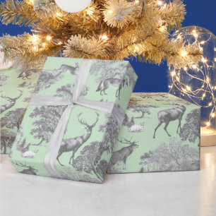 Elegant Festive Toile Fox Deer Grey Sage Wrapping Paper