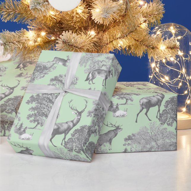 Elegant Festive Toile Fox Deer Grey Sage Wrapping Paper (Holidays)