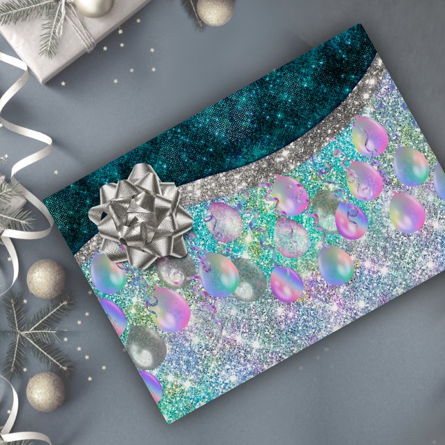 Elegant festive turquoise faux glitter balloons  wrapping paper sheet (Creator Uploaded)