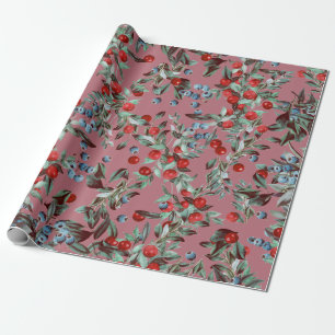 Elegant Festive Watercolor Red Berries Rose Gold Wrapping Paper