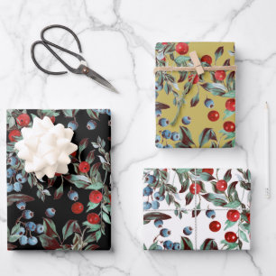 Elegant Festive Watercolor Red Blue Berries Wrapping Paper Sheet