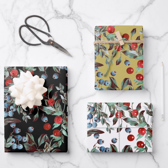 Elegant Festive Watercolor Red Blue Berries Wrapping Paper Sheet (Front)