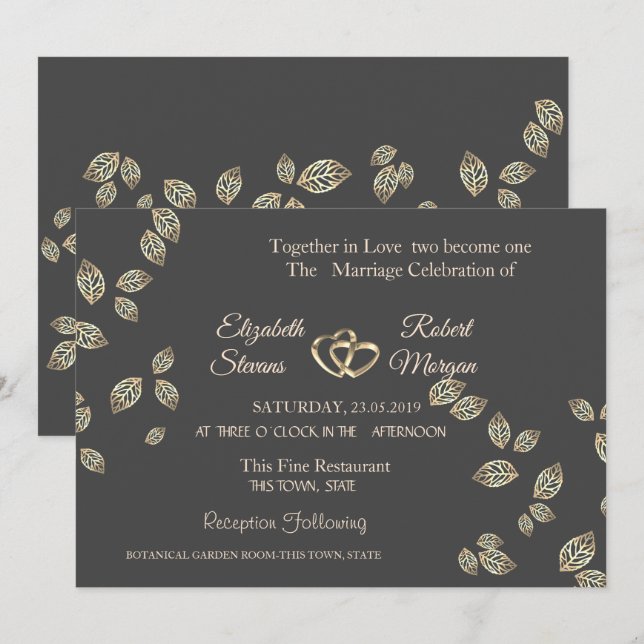 Élégant Feuille chic or Faire-part de mariage (Devant / Derrière)