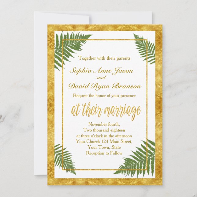Elégant Feuille  Gold Foil Faire-part de mariage (Devant)