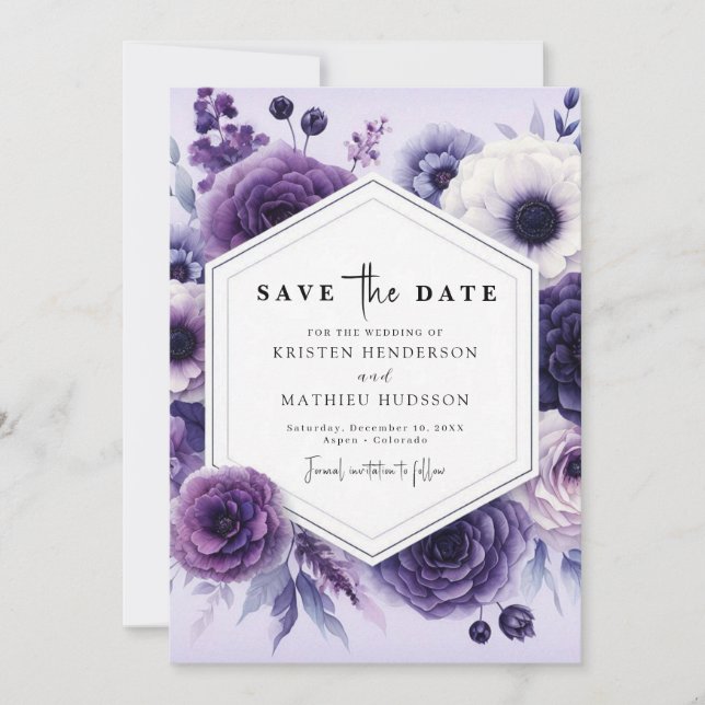 Elegant Field Purple Floral Wedding Save The Date (Front)