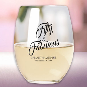 Elegant Fifty and Fabulous 50th Birthday Party Stemless Wine Glass