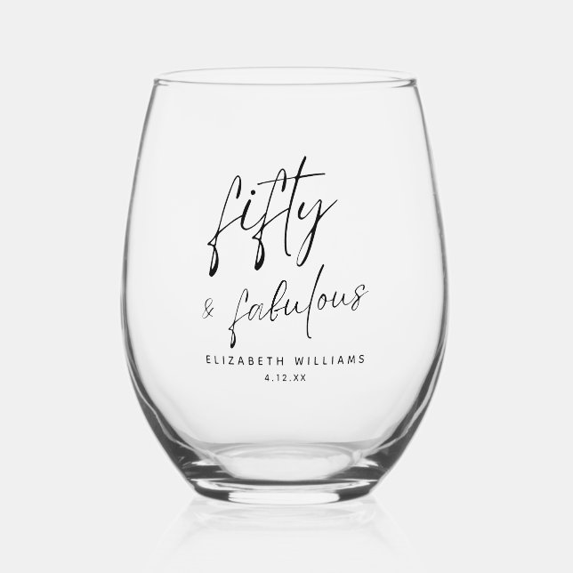 Elegant Fifty and Fabulous Personalized Birthday Stemless Wine Glass (Front)