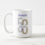 Elegant Fifty & Fabulous 50th Birthday Name Coffee Mug<br><div class="desc">Celebrate your 50th milestone in style with our Elegant Fifty & Fabulous 50th Birthday Name Coffee Mug! This sophisticated mug features a chic blend of silver, gold, and lilic, a perfect combination modern muted colour to your relaxed morning routine. Whether you're gifting it to a fabulous friend or treating yourself,...</div>