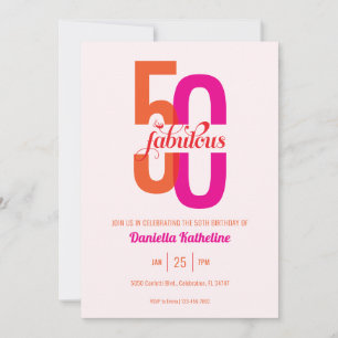 Elegant Fifty & Fabulous Orange Pink 50th Birthday Invitation