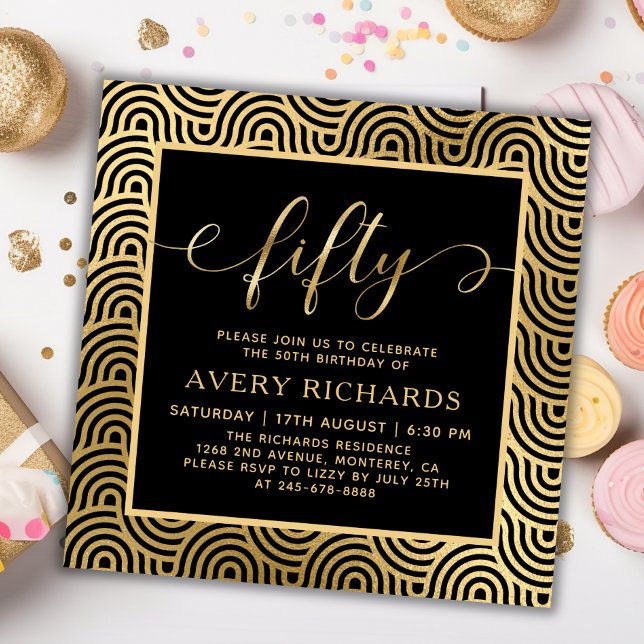 Elegant Fifty Script Black and Gold 50th Birthday Invitation (Creator Uploaded)
