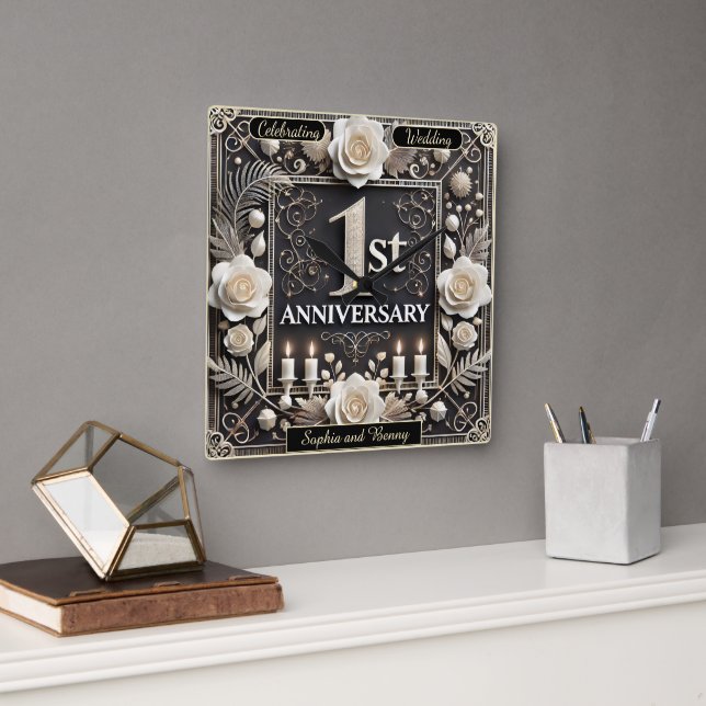 Elegant First 1st Anniversary Celebration Square Wall Clock (Office)