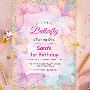 Elegant First 1st Birthday Colourful Butterfly  Invitation
