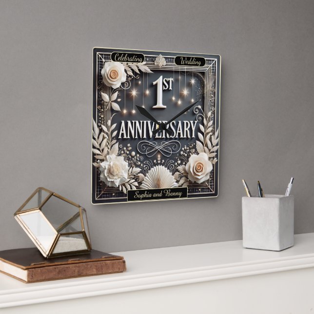 Elegant First Anniversary Celebration Square Wall Clock (Office)