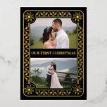 Elegant First Christmas 2 Photo Gold Custom Foil Holiday Card<br><div class="desc">Elegant and ornate gold foil frame surrounds two of your wedding photos.</div>