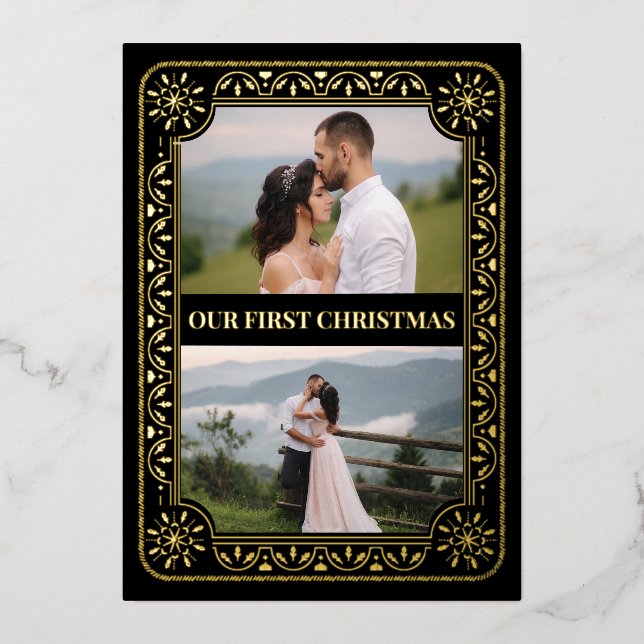 Elegant First Christmas 2 Photo Gold Custom Foil Holiday Card (Front)