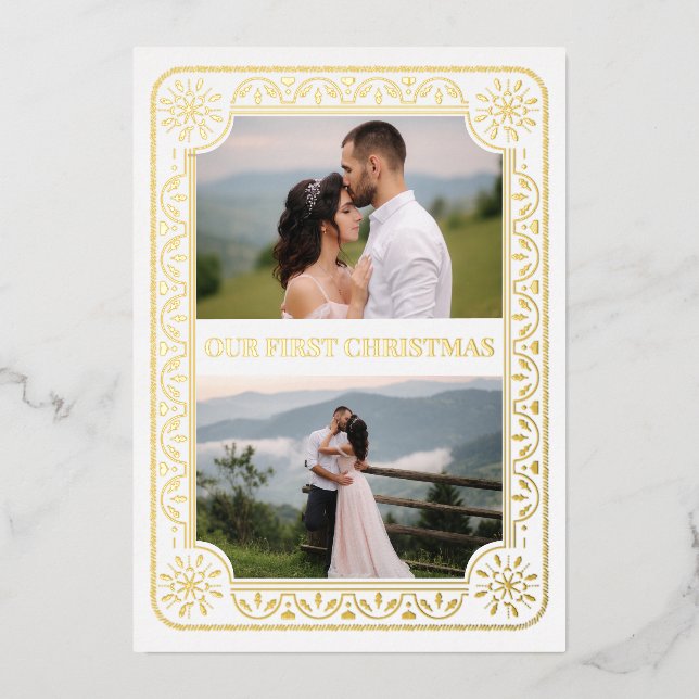 Elegant First Christmas 2 Photo Gold Custom Foil Holiday Card (Front)