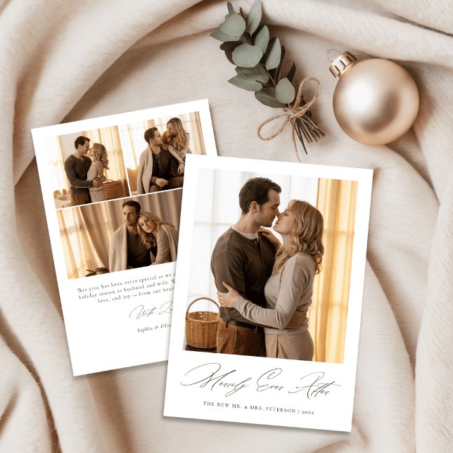 Elegant First Christmas 4 Photo Merrily Ever After Holiday Card (Creator Uploaded)