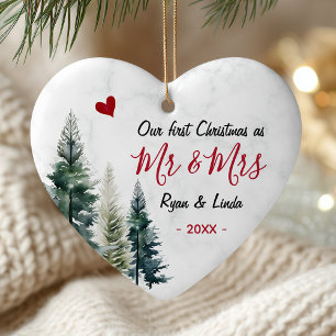 Elegant first Christmas as Mr and Mrs heart shaped Ceramic Ornament