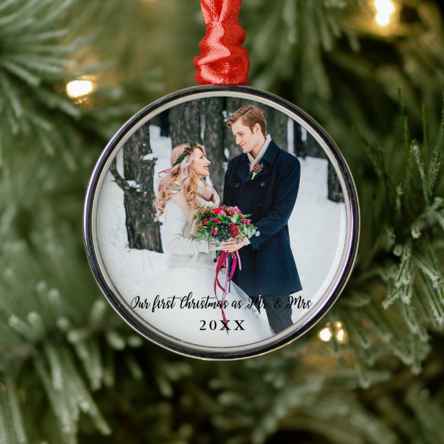 Elegant First Christmas as Mr. and Mrs. Round Metal Ornament (Tree)