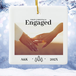 Elegant First Christmas Engaged White Custom Photo Ceramic Ornament