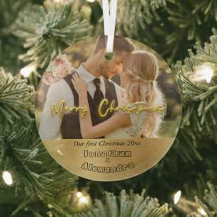 Elegant first Christmas Luxury gold Modern photo Glass Ornament