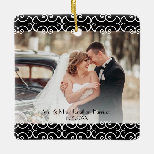 Elegant First Christmas Married Black White Scroll Ceramic Ornament (Front)