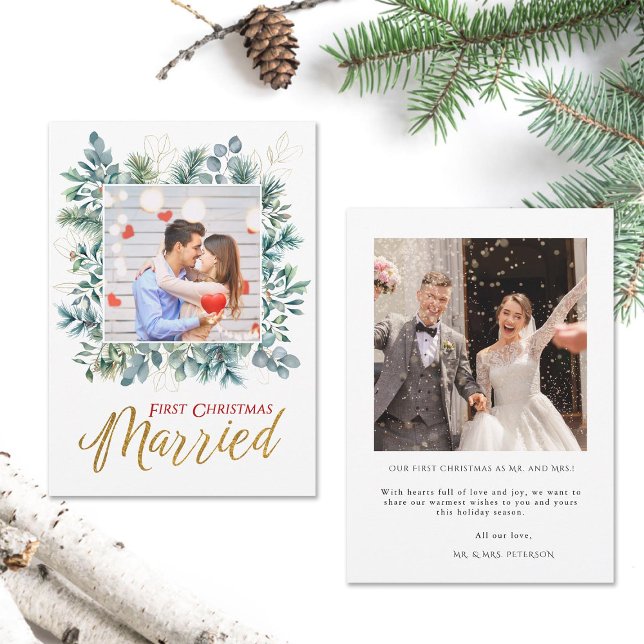 Elegant First Christmas Married Newlyweds 2 Photos Holiday Card (elegant first christmas married holidays christmas card two photos gold calligraphy modern botanical)