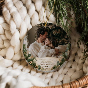 Elegant First Christmas Married Photo Ceramic Ornament