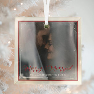 Elegant First Christmas Merry and Married Photo Glass Ornament